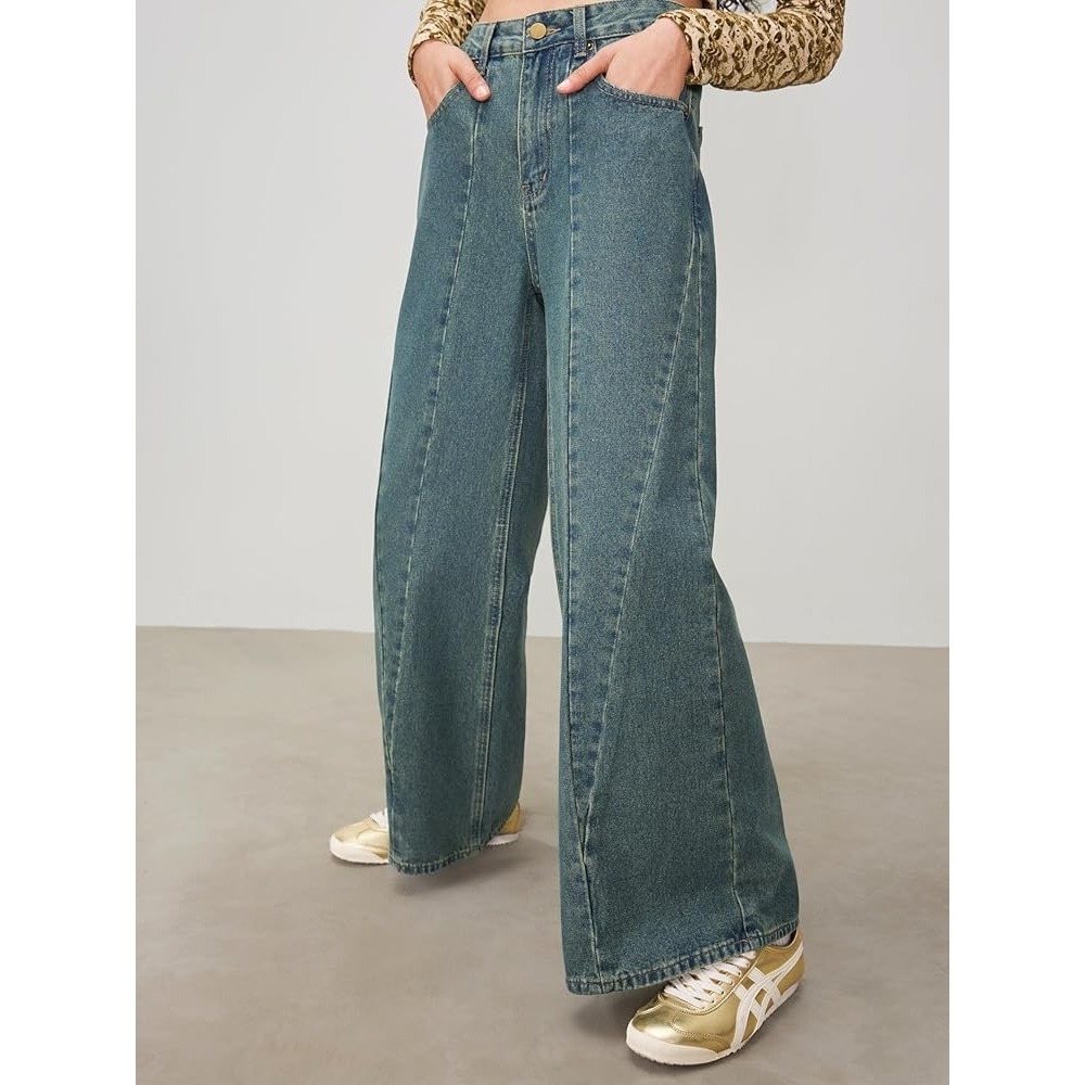 Cider Women Blue Seamed Wide‎ Leg High Waisted Jeans Size 26 Medium Wash Denim